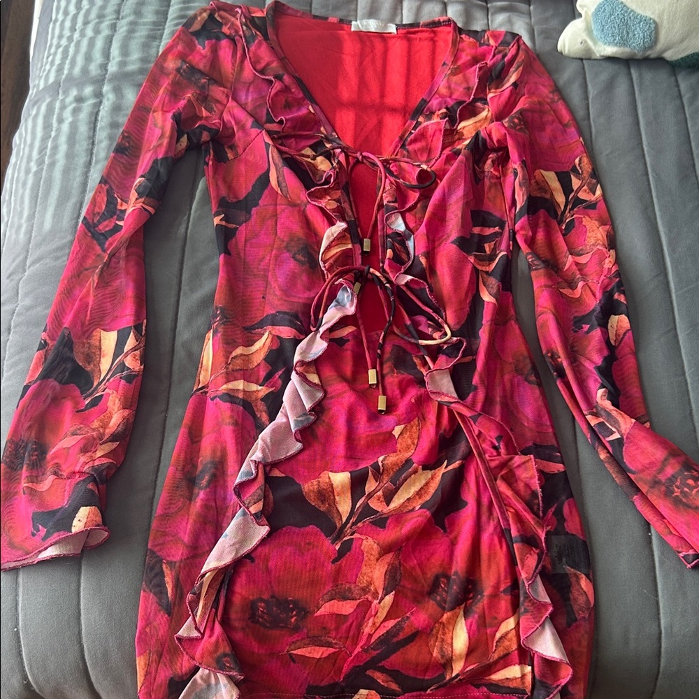 Vibrant Floral Ruffle Mini Dress - Red and Pink